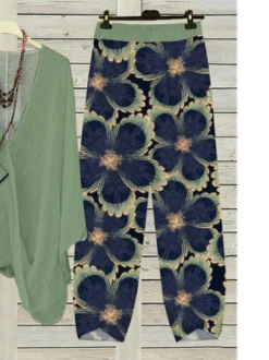 Women's Floral Daily Two-Piece Set Green Spring/Fall Top With Pant -Shinee Style Shop 388039834604ca878a389f2dd8ce9259