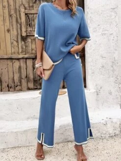 Women's Color Block Daily Going Out Two Piece Set Short Sleeve Casual Summer Top With Pants Matching Set Black -Shinee Style Shop 45db4dc244192770873dddfe11161458