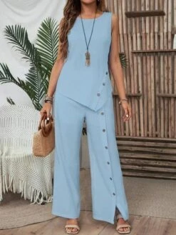 Women's Buckle Asymmetric Plain Daily Two-Piece Pants Set White Simple Summer Top With Pants -Shinee Style Shop 4e21661d41e0bad167f3c094f2465928