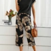 Women's Palm Leaf Daily Going Out Two Piece Set Short Sleeve Casual Summer Top With Pants Matching Set Black