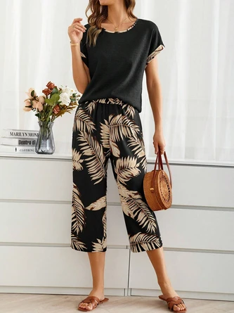Women's Palm Leaf Daily Going Out Two Piece Set Short Sleeve Casual Summer Top With Pants Matching Set Black 3 Women's Palm Leaf Daily Going Out Two Piece Set Short Sleeve Casual Summer Top With Pants Matching Set Black