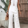 Women's Buckle Asymmetric Plain Daily Two-Piece Pants Set White Simple Summer Top With Pants