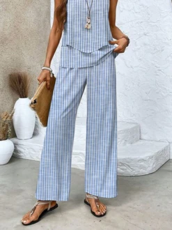 Women's Cotton Striped Daily Going Out Two Piece Set Sleeveless Casual Summer Top With Pants Matching Set Blue -Shinee Style Shop 5d09c2de1f9a9a52ced8f9a54fcb54a4