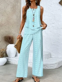 Women's Folds Plain Daily Going Out Two Piece Set Sleeveless Casual Summer Top With Pants Matching Set Blue