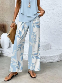 Women's Leaf Daily Going Out Two Piece Set Sleeveless Casual Summer Top With Pants Matching Set Light Blue -Shinee Style Shop 6bd65863f167baf56290155ebb48ca94