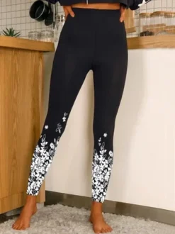 JFN Women High Waist Floral Ombre Butt Lifting Black Leggings