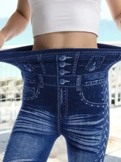 Women's Stretchy Faux Denim Jeans Leggings High Waist Tummy Control Pencil Pants -Shinee Style Shop 76a9c4d8da3f6f2f4f1e70f4f2359e28
