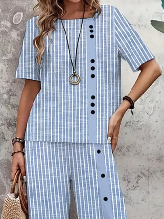 Women's Cotton And Linen Striped Daily Going Out Two Piece Set Short Sleeve Casual Summer Top With Pants Matching Set Blue 4 Women's Cotton And Linen Striped Daily Going Out Two Piece Set Short Sleeve Casual Summer Top With Pants Matching Set Blue - Image 2