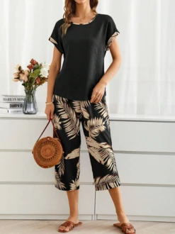 Women's Palm Leaf Daily Going Out Two Piece Set Short Sleeve Casual Summer Top With Pants Matching Set Black 13 Women's Palm Leaf Daily Going Out Two Piece Set Short Sleeve Casual Summer Top With Pants Matching Set Black -Shinee Style Shop 81322d91876d069334488439519fb39d