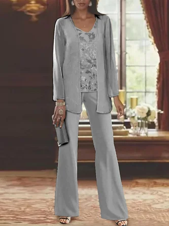 Elegant Loose V Neck Chiffon Matching Outfit Mother Of The Bride 3 PCS Pantsuits 8 Elegant Loose V Neck Chiffon Matching Outfit Mother Of The Bride 3 PCS Pantsuits - Image 6