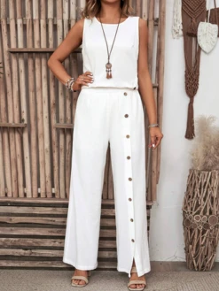 Women's Buckle Asymmetric Plain Daily Two-Piece Pants Set White Simple Summer Top With Pants -Shinee Style Shop 990d44eb294ab224811febcf4069c616