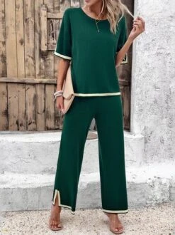 Women's Color Block Daily Going Out Two Piece Set Short Sleeve Casual Summer Top With Pants Matching Set Black -Shinee Style Shop 9a61ab90d269c3adae66f33516fd91a9