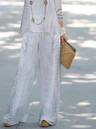 Striped Printed Loose Crew Neck Casual Two-Piece Set 5 Striped Printed Loose Crew Neck Casual Two-Piece Set - Image 3