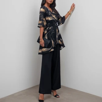 Women's Floral Printed Two Piece Sets Black Summer Bell Sleeves V Neck 2 Piece Sets 4 Women's Floral Printed Two Piece Sets Black Summer Bell Sleeves V Neck 2 Piece Sets - Image 2