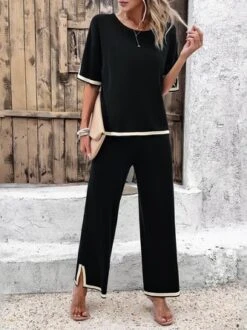 Women's Color Block Daily Going Out Two Piece Set Short Sleeve Casual Summer Top With Pants Matching Set Black -Shinee Style Shop bc6d87ac99a0f97e46149fe08992d09f