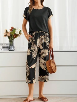 Women's Palm Leaf Daily Going Out Two Piece Set Short Sleeve Casual Summer Top With Pants Matching Set Black 15 Women's Palm Leaf Daily Going Out Two Piece Set Short Sleeve Casual Summer Top With Pants Matching Set Black -Shinee Style Shop bc97978de8267e8f084e8b848026ba2a