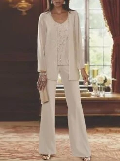 Elegant Loose V Neck Chiffon Matching Outfit Mother Of The Bride 3 PCS Pantsuits