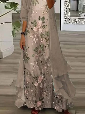 Women's Floral Daily Going Out Two Piece Set Three Quarter Sleeve Casual Spring/Fall Coat With Skirt Matching Set Khaki 5 Women's Floral Daily Going Out Two Piece Set Three Quarter Sleeve Casual Spring/Fall Coat With Skirt Matching Set Khaki - Image 3