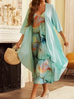 JFN 2PCS V Neck Gradient Vacation Sleeveless Dress With Cardigan -Shinee Style Shop c71f32f0a9e49633460376b8c7daeea4