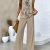 Women's Floral Daily Going Out Two Piece Set Sleeveless Casual Summer Top With Pants Matching Set Khaki